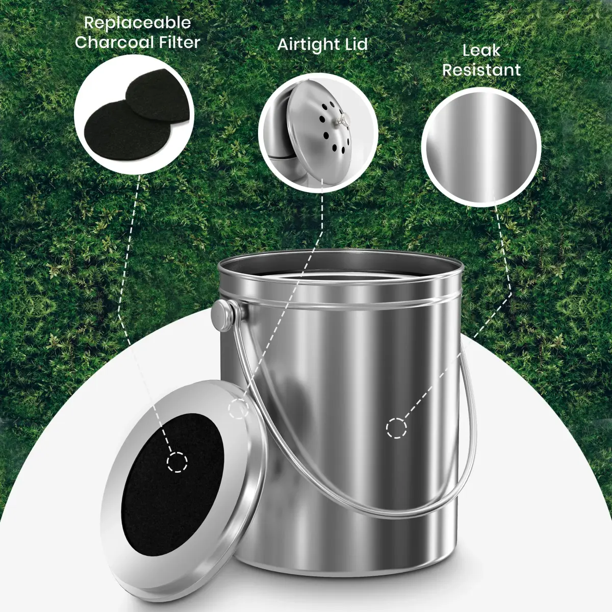 Utopia Kitchen Countertop Compost Bin 1.3 Gallon (4.92L) Stainless Steel Silver | Odorless Kitchen Waste Composter - view 4