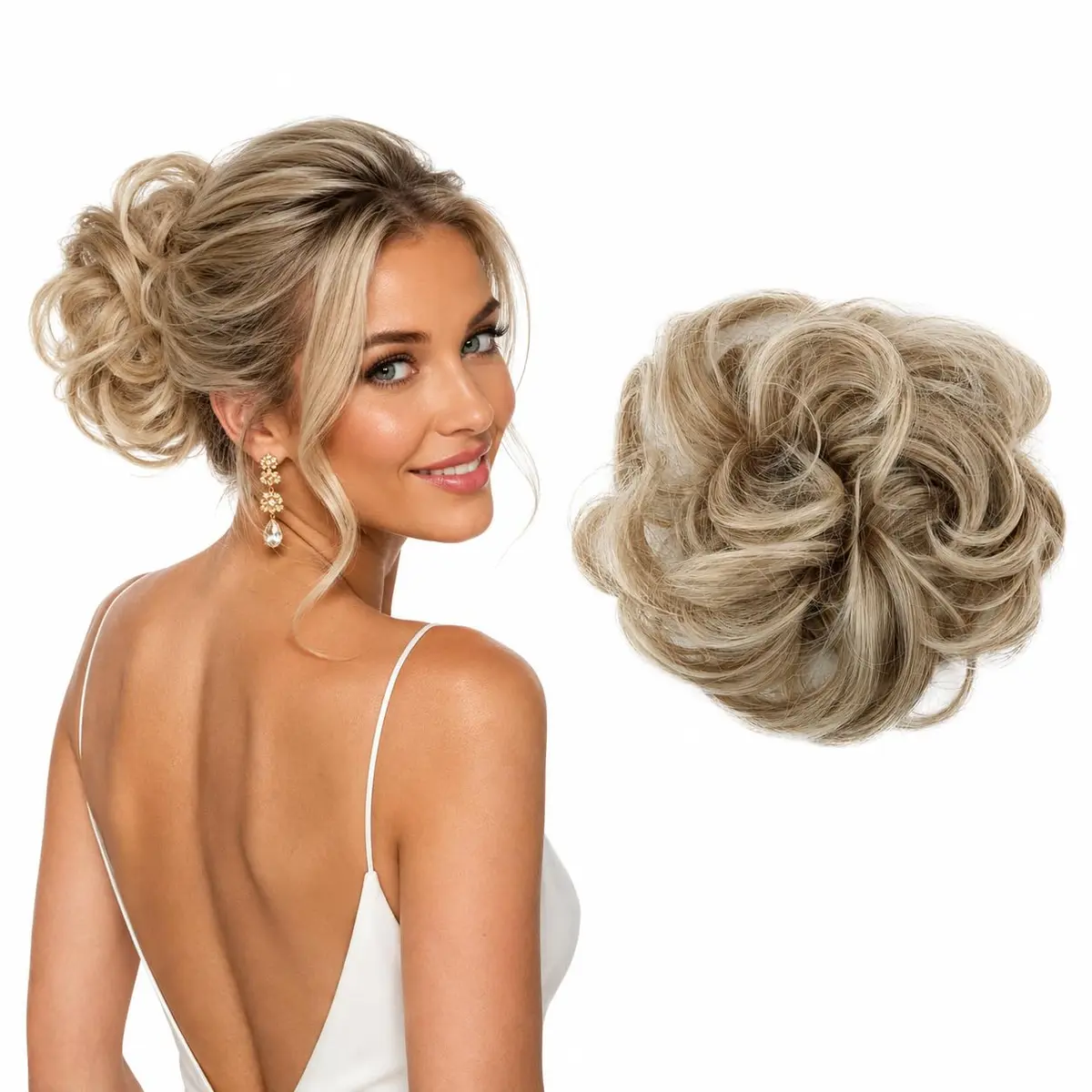 CAISHA Big Hairpiece Scrunchy Updo Bridal Hairstyle Light Blonde | Curly Messy Bun with Elastic Band - main product image