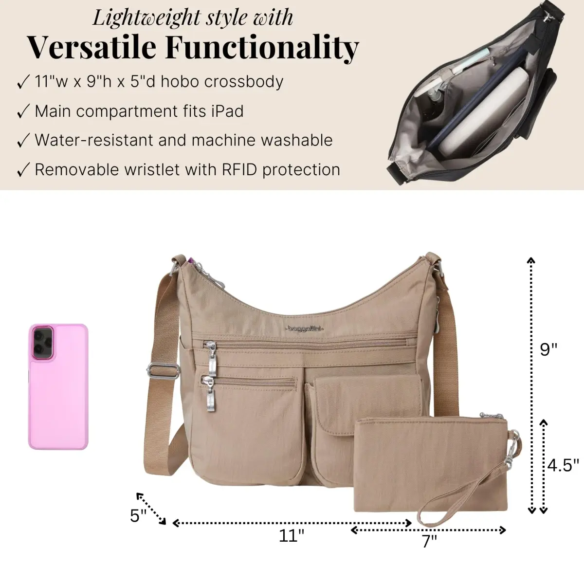 Baggallini Everywhere Bagg Hobo Crossbody Bag for Women 228ml (8 Fl Oz) | Water-resistant Travel Bag with RFID Wristlet - view 4