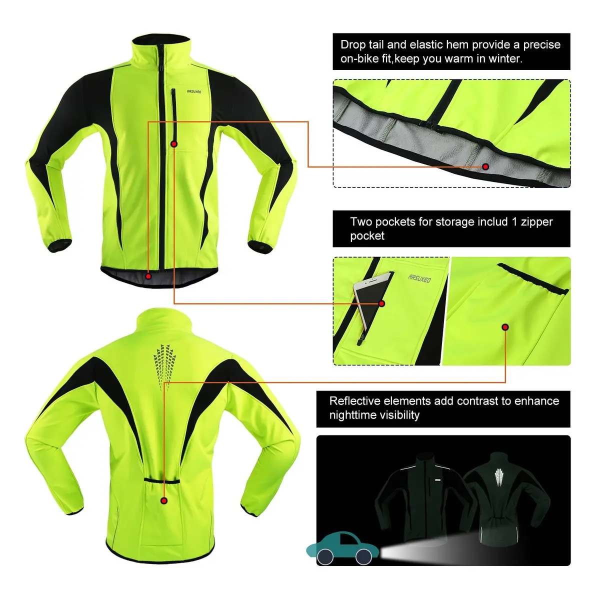 ARSUXEO Winter Warm UP Thermal Softshell Cycling Jacket Windproof Waterproof Green Medium - view 4
