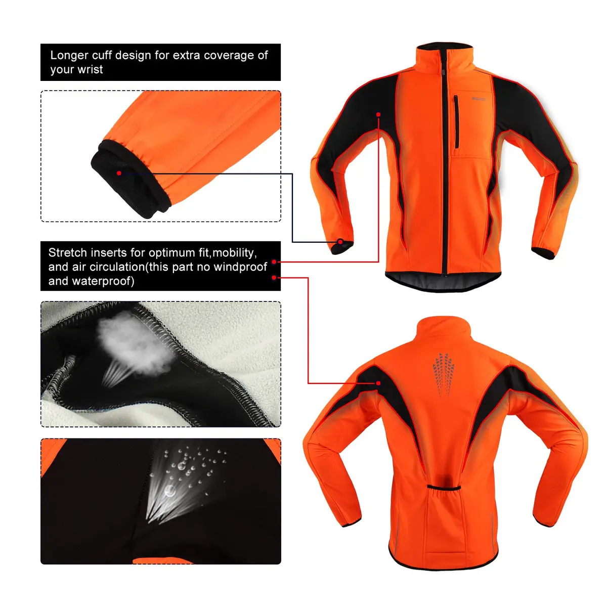 ARSUXEO Winter Cycling Jacket for Men, Fleece-Lined Softshell Orange S | Windproof & Breathable - view 5