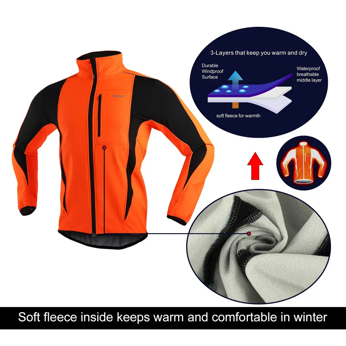 ARSUXEO Winter Cycling Jacket for Men, Fleece-Lined Softshell Orange S | Windproof & Breathable - view 3
