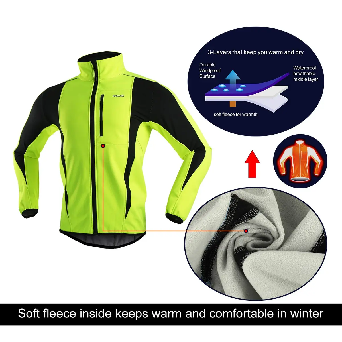 ARSUXEO Winter Cycling Jacket for Men, Fleece-Lined Softshell Green XL | Windproof & Water-Resistant - view 3