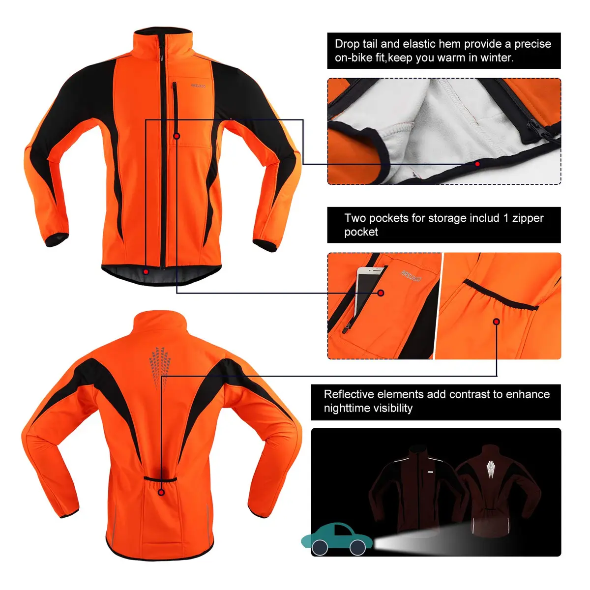 ARSUXEO Winter Cycling Jacket for Men, Fleece-Lined Softshell Orange M | Windproof & Water-Resistant - view 4