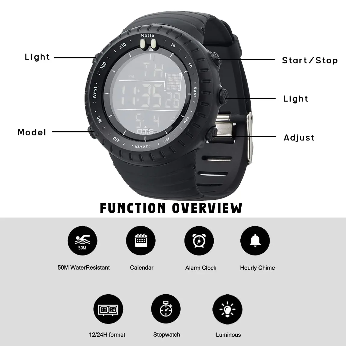 PALADA Men's Digital Sports Watch Waterproof Tactical Watch with LED Backlight (Black) | 50mm Case, Shock Resistant - view 6