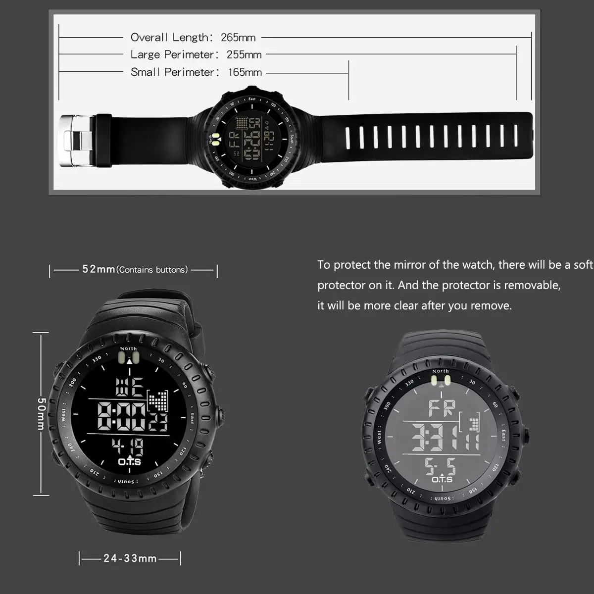 PALADA Men's Digital Sports Watch Waterproof Tactical Watch with LED Backlight (Black) | 50mm Case, Shock Resistant - view 4