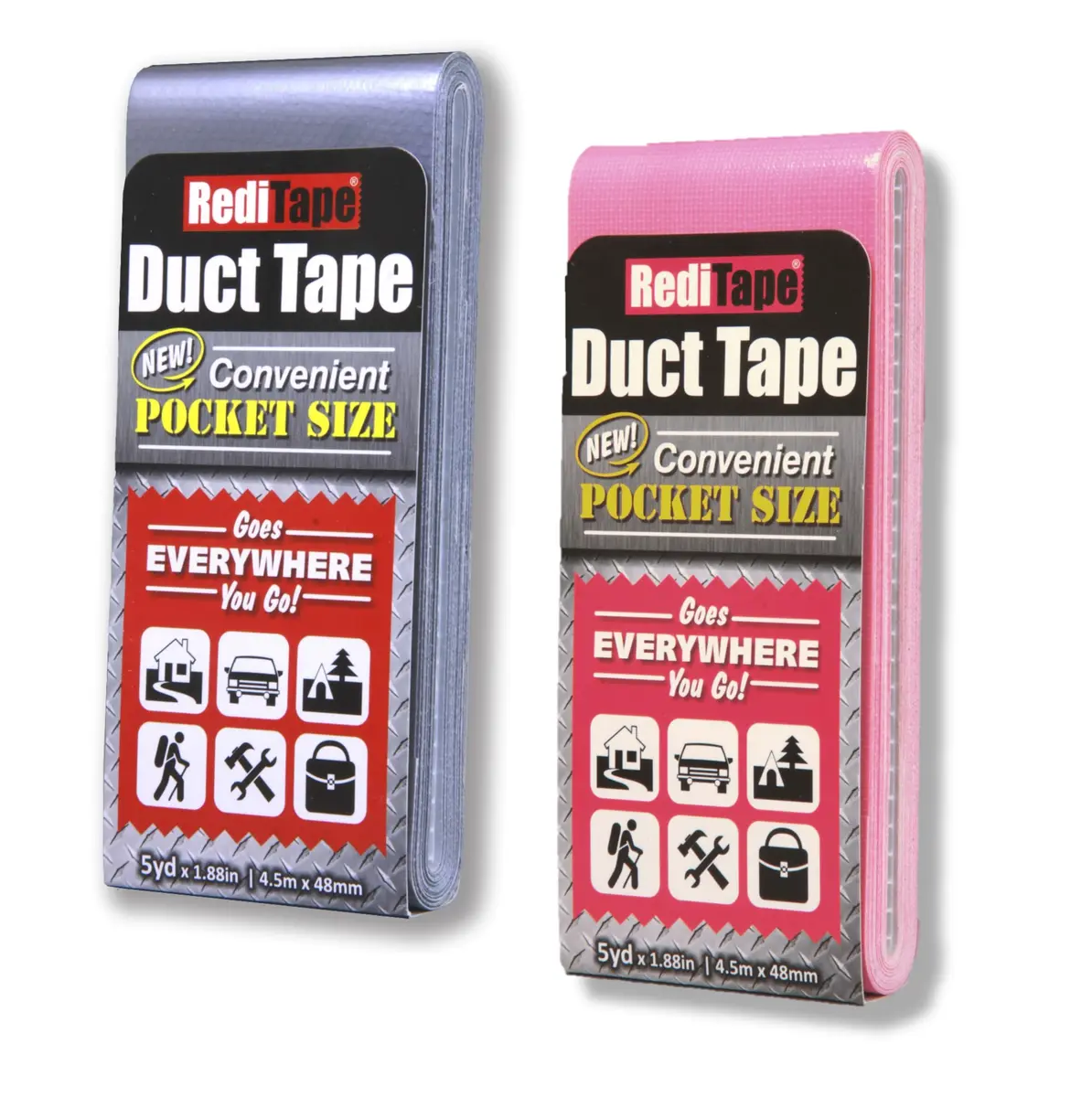 RediTape Travel Size Duct Tape 2-Pack (Silver & Bubble Gum Pink) | Pocket Size Flat Mini Roll, 5 Yards Each - main product image