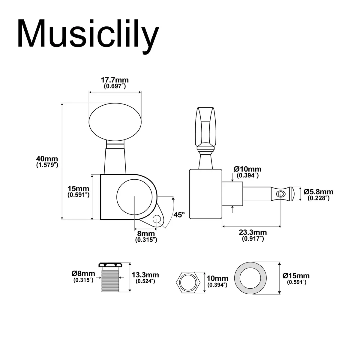Musiclily Basic R15A 6 inline Sealed Tuners Set Chrome | Vintage Oval Button for Electric Guitar - view 2