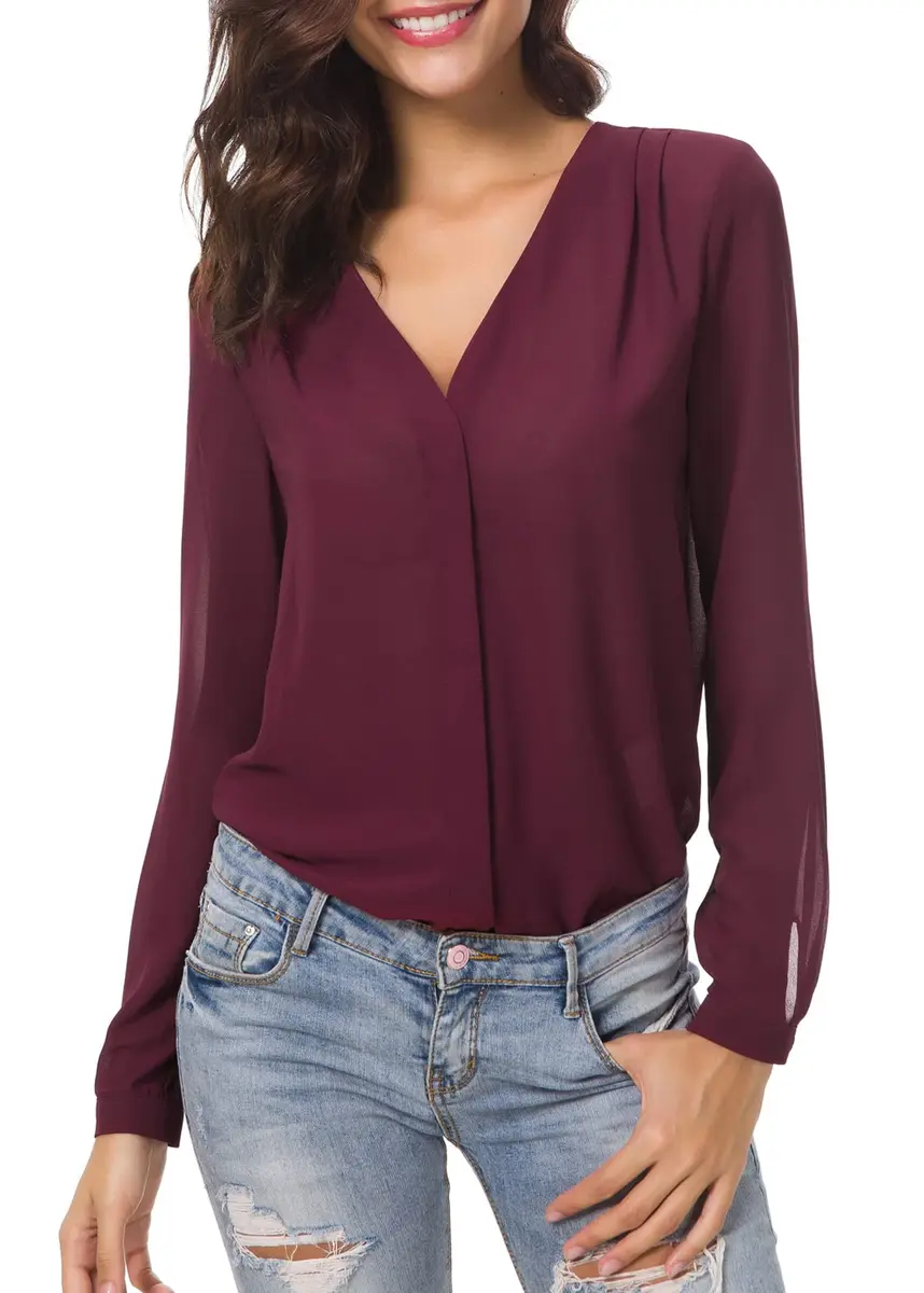 Urban CoCo Womens V Neck Ruffled Shoulder Blouse X-Large | Sheer Chiffon, Business Casual, Pink - main product image