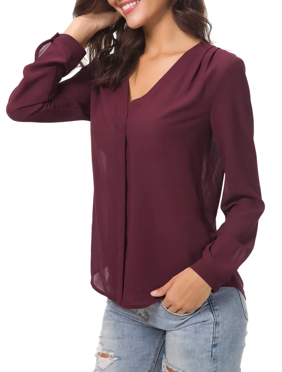 Urban CoCo Womens V Neck Ruffled Shoulder Blouse X-Large | Sheer Chiffon, Business Casual, Pink - view 5