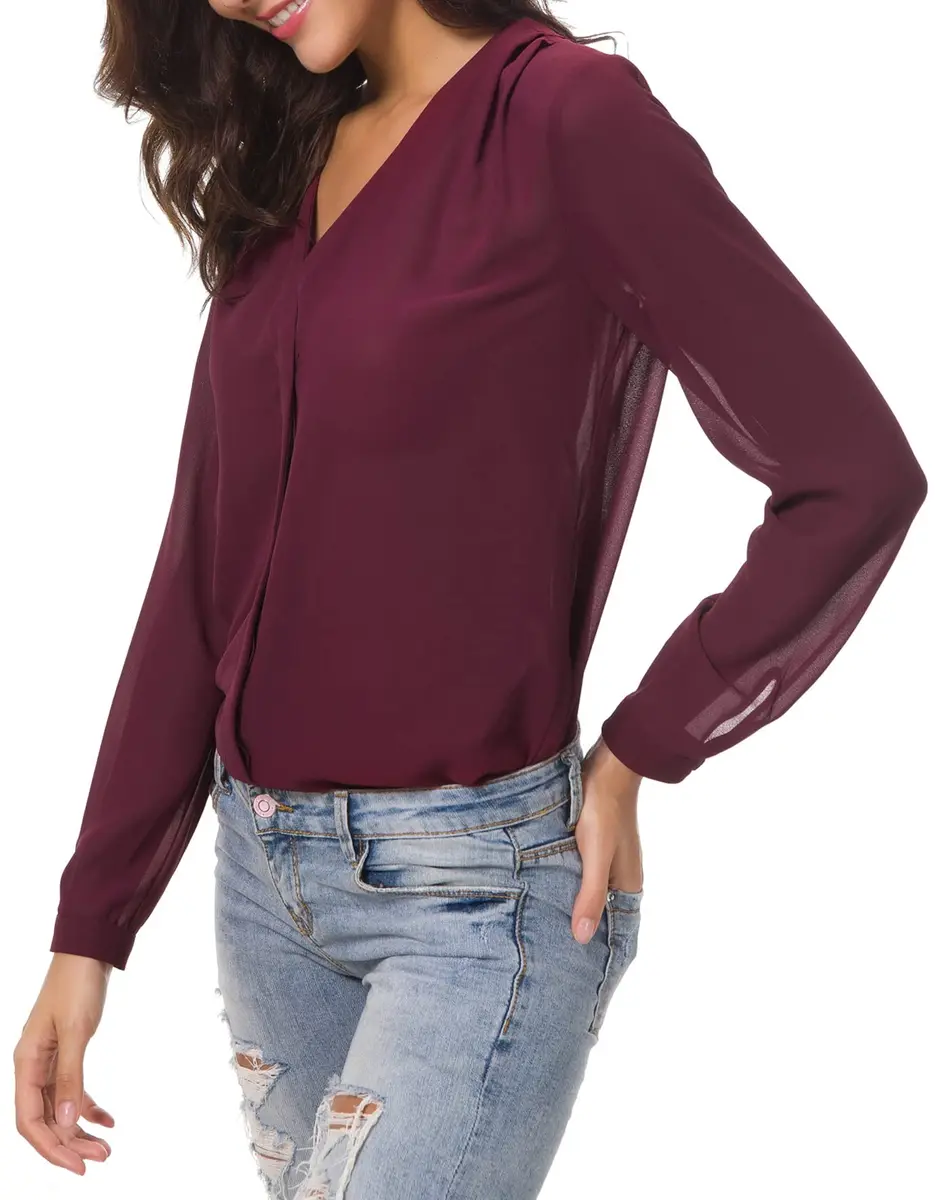 Urban CoCo Womens V Neck Ruffled Shoulder Blouse X-Large | Sheer Chiffon, Business Casual, Pink - view 6