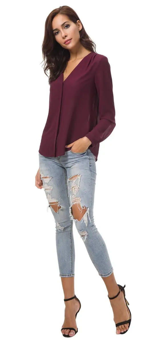 Urban CoCo Womens V Neck Ruffled Shoulder Blouse X-Large | Sheer Chiffon, Business Casual, Pink - view 8