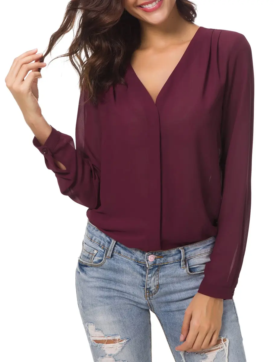 Urban CoCo Womens V Neck Ruffled Shoulder Blouse X-Large | Sheer Chiffon, Business Casual, Pink - view 2