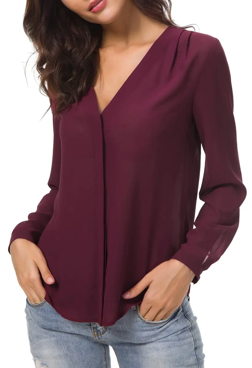 Urban CoCo Womens V Neck Ruffled Shoulder Blouse X-Large | Sheer Chiffon, Business Casual, Pink - view 3