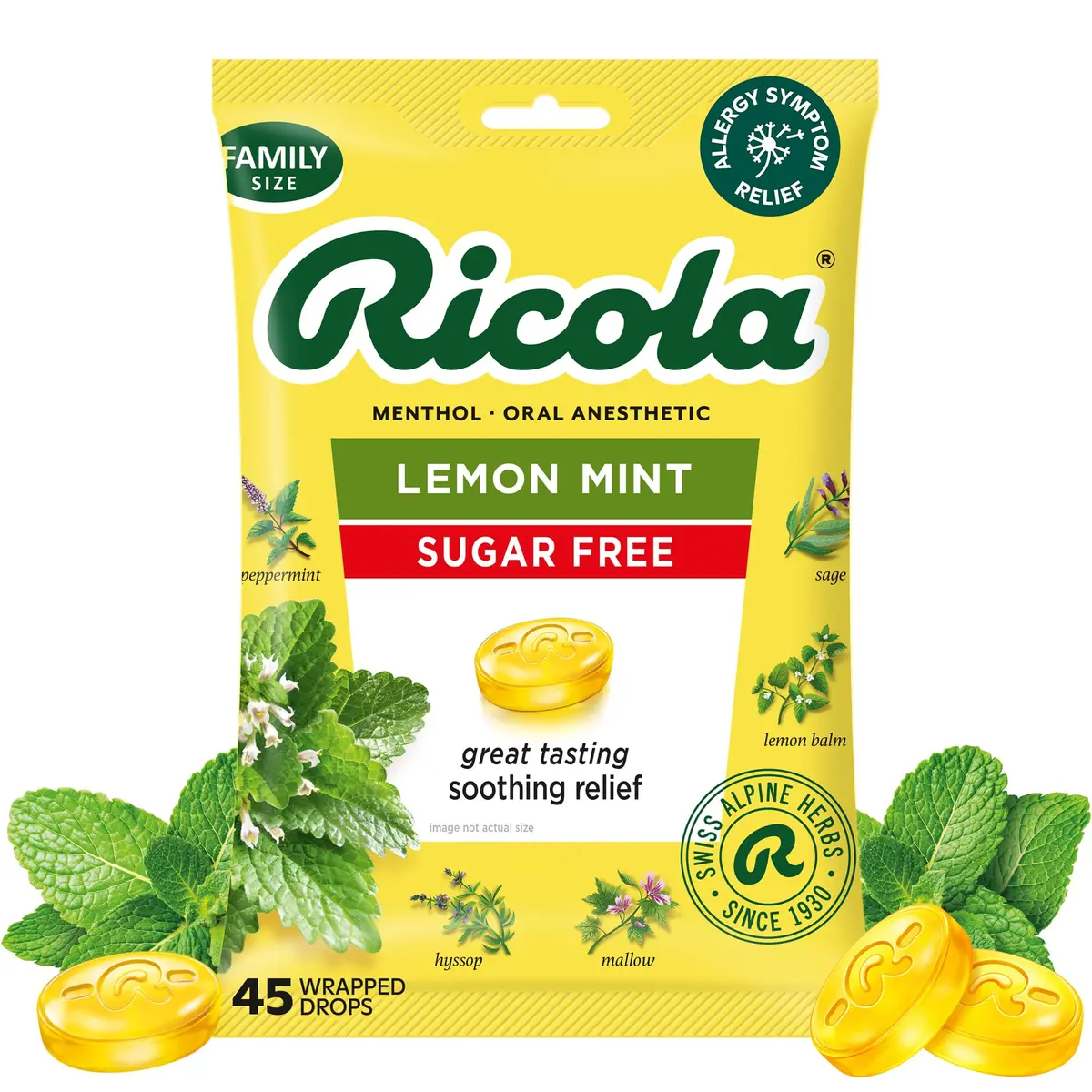 Ricola Sugar Free Lemon Mint Throat Drops 45 Count | Swiss Herbal Soothing Lozenges for Dry Throat - main product image