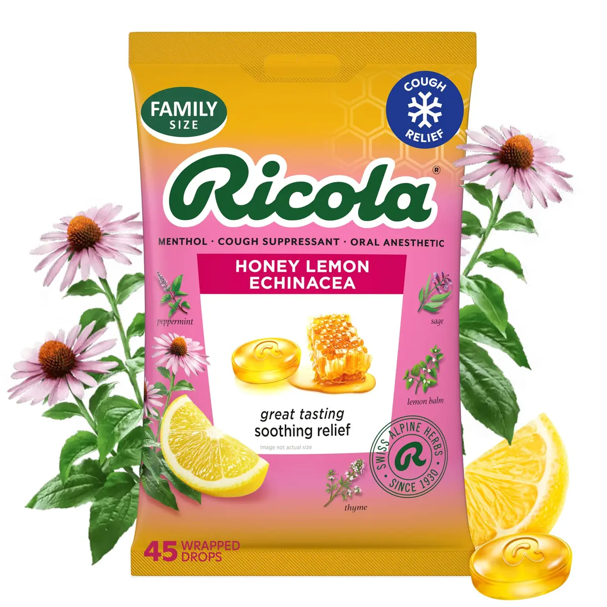 Ricola Throat Drops Echinacea Honey Lemon 45 Count | Swiss Herbal Relief with Menthol - main product image