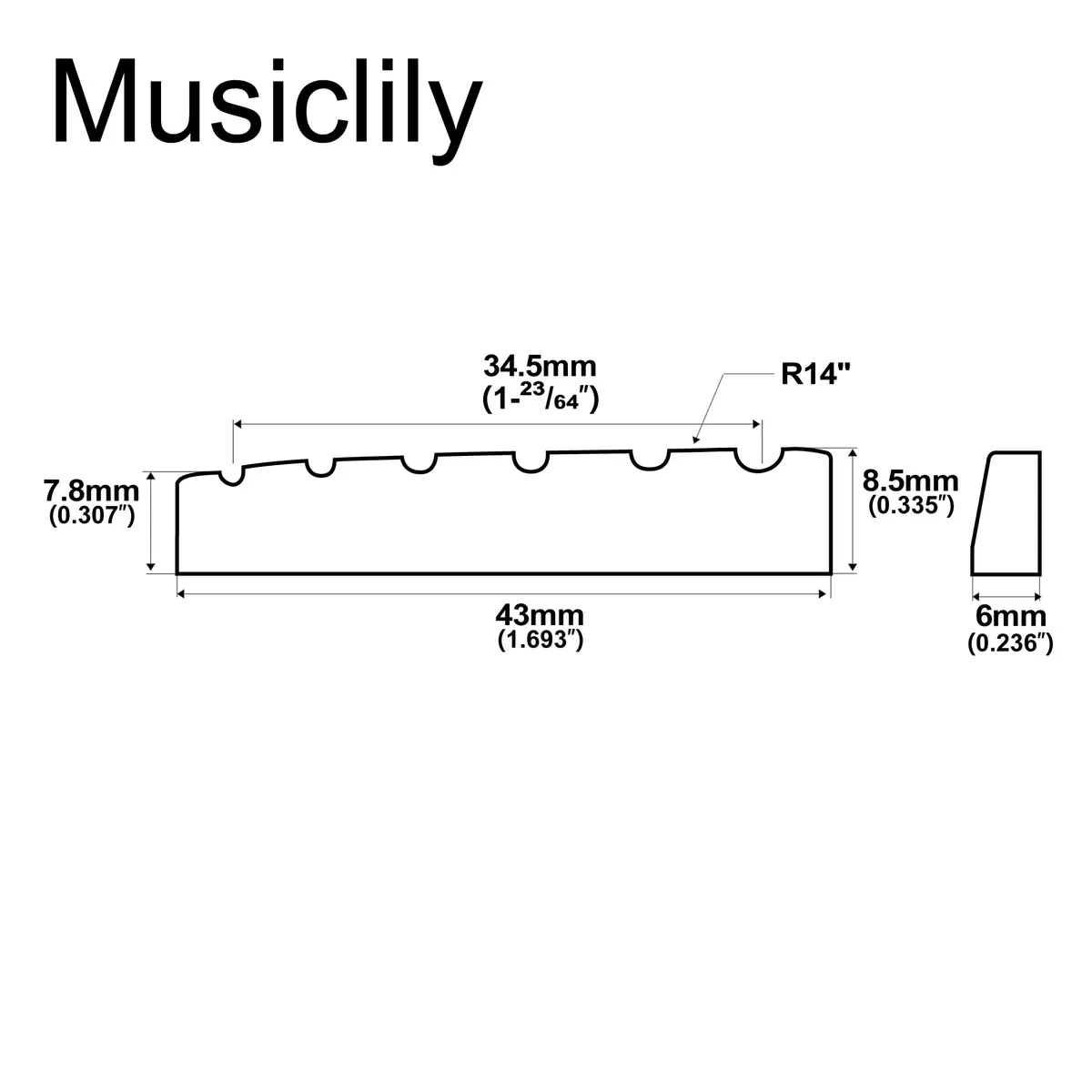 Musiclily Bone Nut for Electric Guitar 43mm | Flat Bottom Slotted Bone Nut for 6 String Guitar - view 2