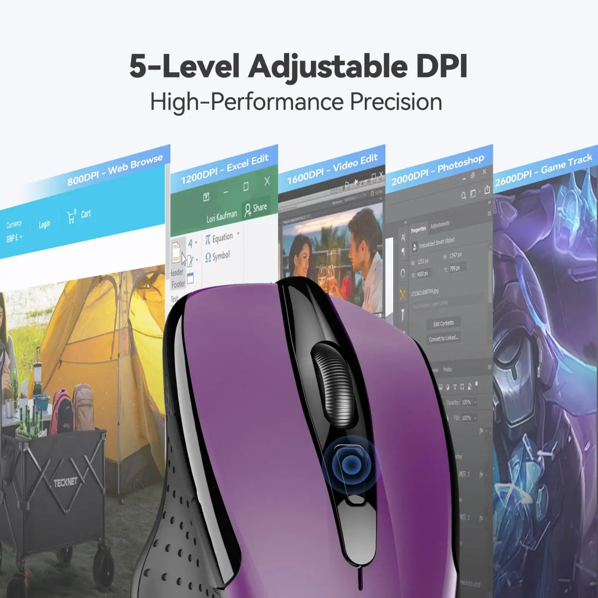 TECKNET Wireless Ergonomic Mouse, Purple, 2600 DPI, 2.4G USB Receiver | 6 Buttons, 24-Month Battery Life - view 6