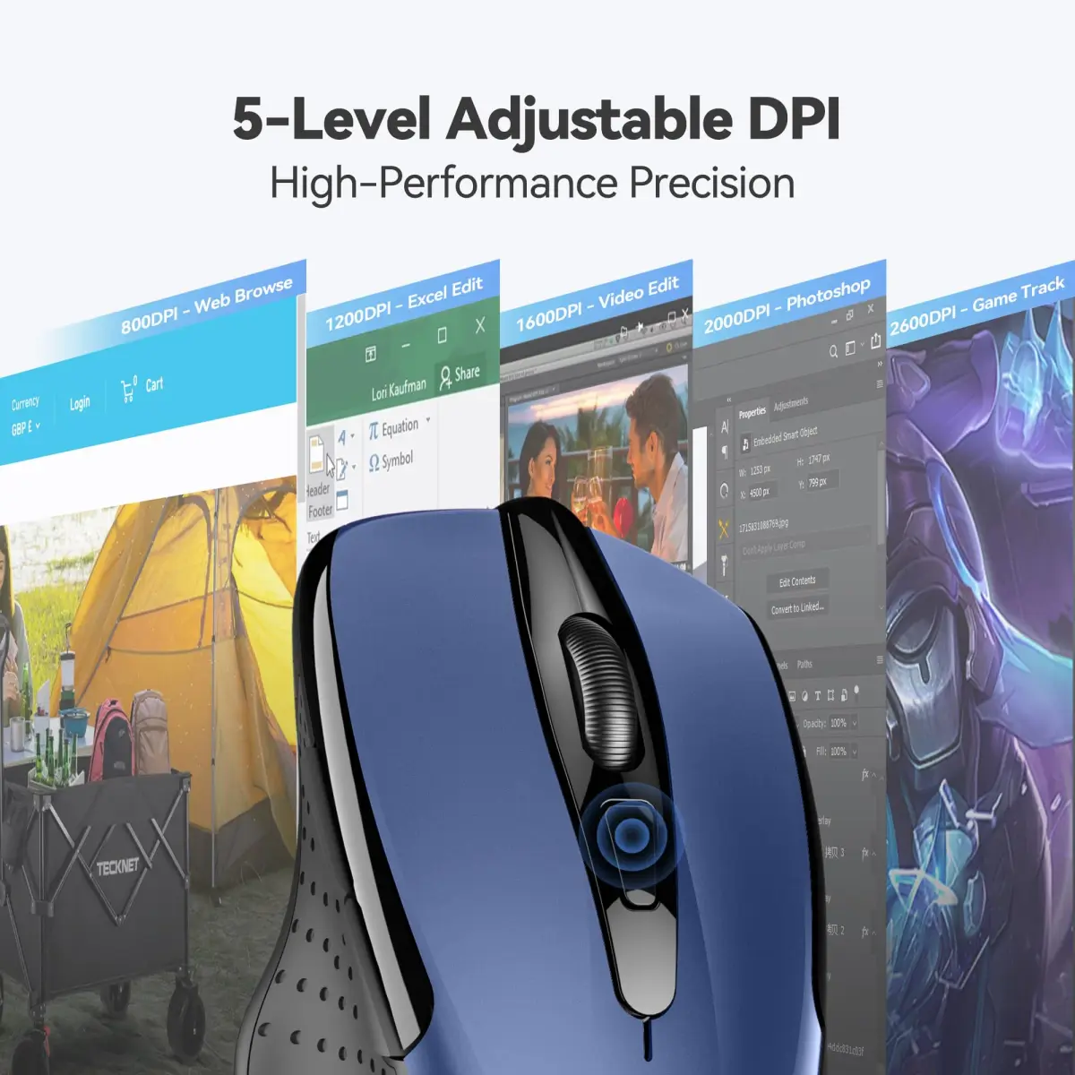 TECKNET Wireless Mouse, Ergonomic Computer Mouse, 2600 DPI, Blue | 2.4GHz Wireless, 24-Month Battery - view 6