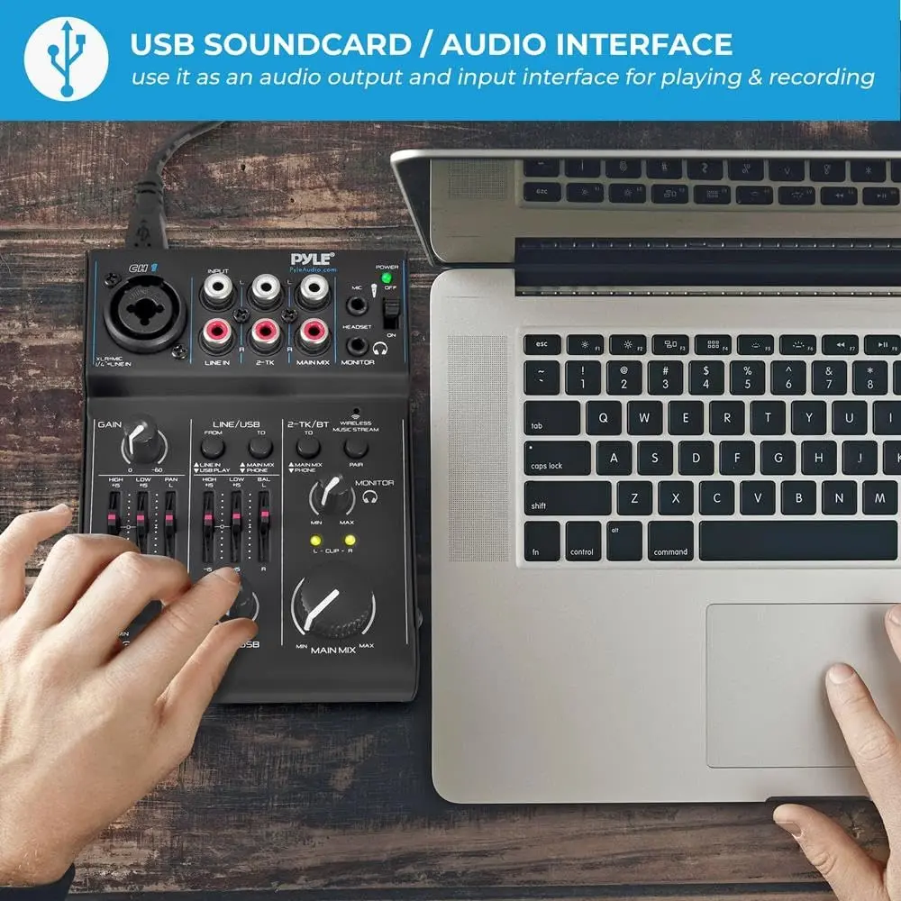 Pyle 3 Channel Bluetooth Audio Mixer | DJ Sound Controller Interface with USB Soundcard (4.0'' x 5.3'' x 1.6'') - view 4