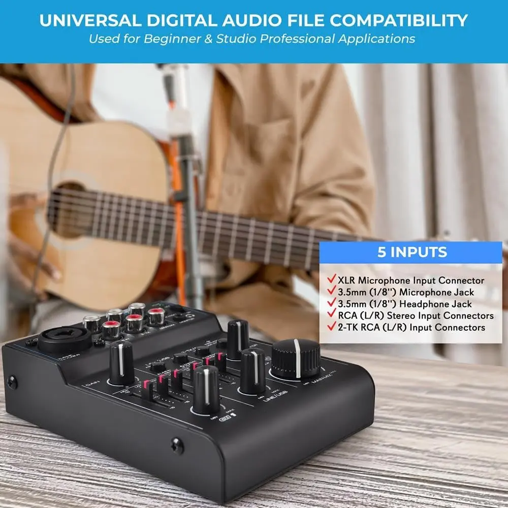 Pyle 3 Channel Bluetooth Audio Mixer | DJ Sound Controller Interface with USB Soundcard (4.0'' x 5.3'' x 1.6'') - view 5