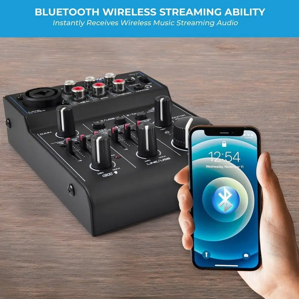Pyle 3 Channel Bluetooth Audio Mixer | DJ Sound Controller Interface with USB Soundcard (4.0'' x 5.3'' x 1.6'') - view 6