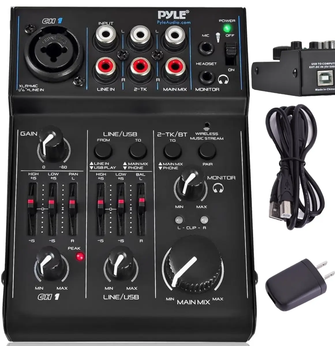 Pyle 3 Channel Bluetooth Audio Mixer | DJ Sound Controller Interface with USB Soundcard (4.0'' x 5.3'' x 1.6'') - main product image