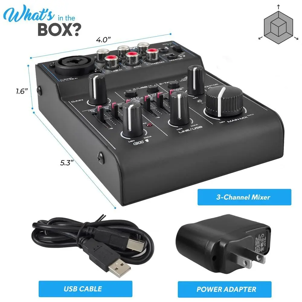 Pyle 3 Channel Bluetooth Audio Mixer | DJ Sound Controller Interface with USB Soundcard (4.0'' x 5.3'' x 1.6'') - view 7