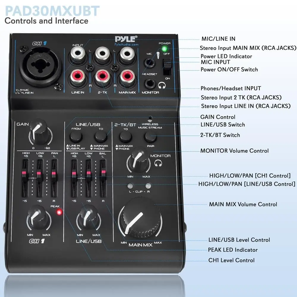 Pyle 3 Channel Bluetooth Audio Mixer | DJ Sound Controller Interface with USB Soundcard (4.0'' x 5.3'' x 1.6'') - view 2