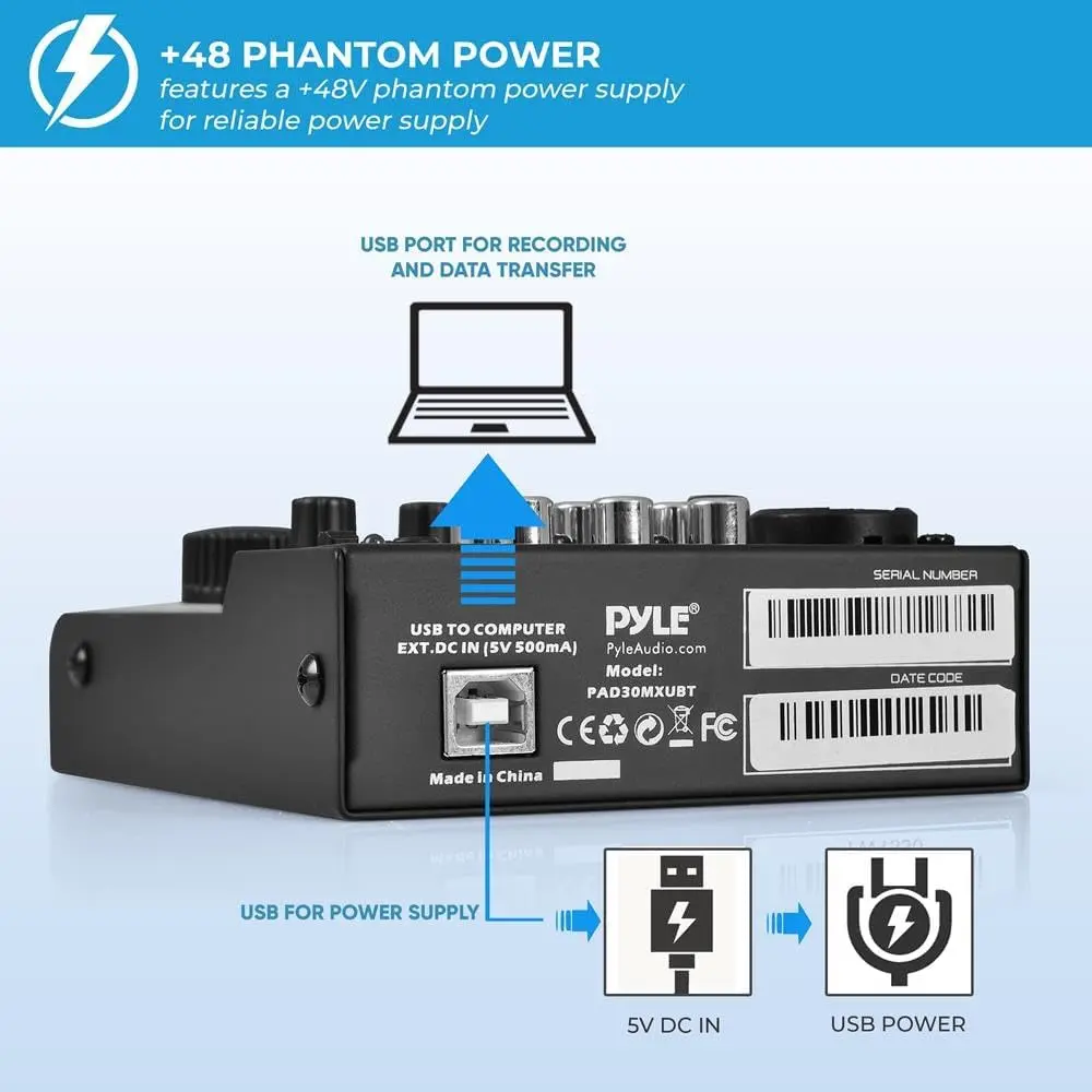 Pyle 3 Channel Bluetooth Audio Mixer | DJ Sound Controller Interface with USB Soundcard (4.0'' x 5.3'' x 1.6'') - view 3