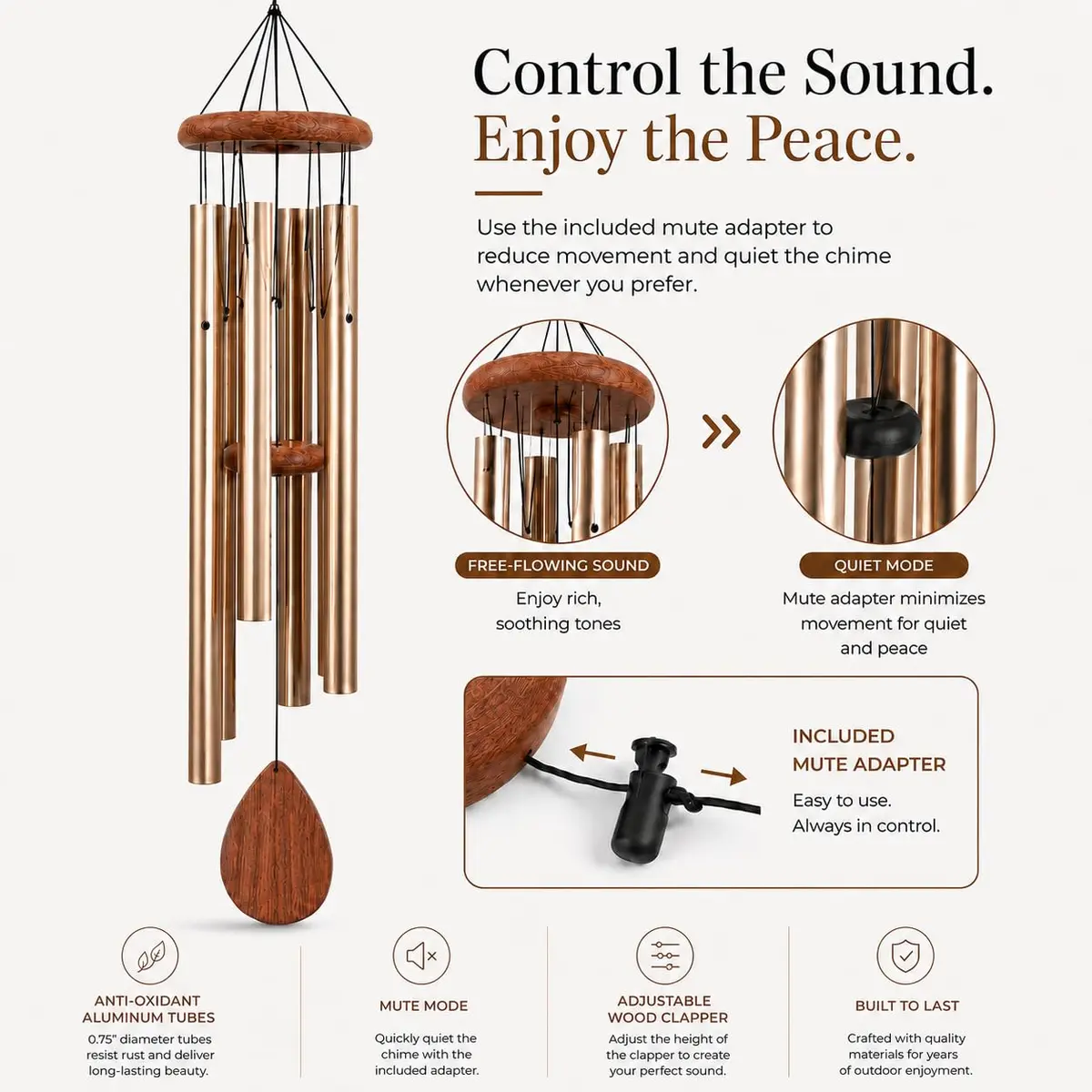 UpBlend Outdoors Bronze Aluminum Wind Chimes 38" (96.5cm) | Deep Tone E Major Pentatonic - view 7