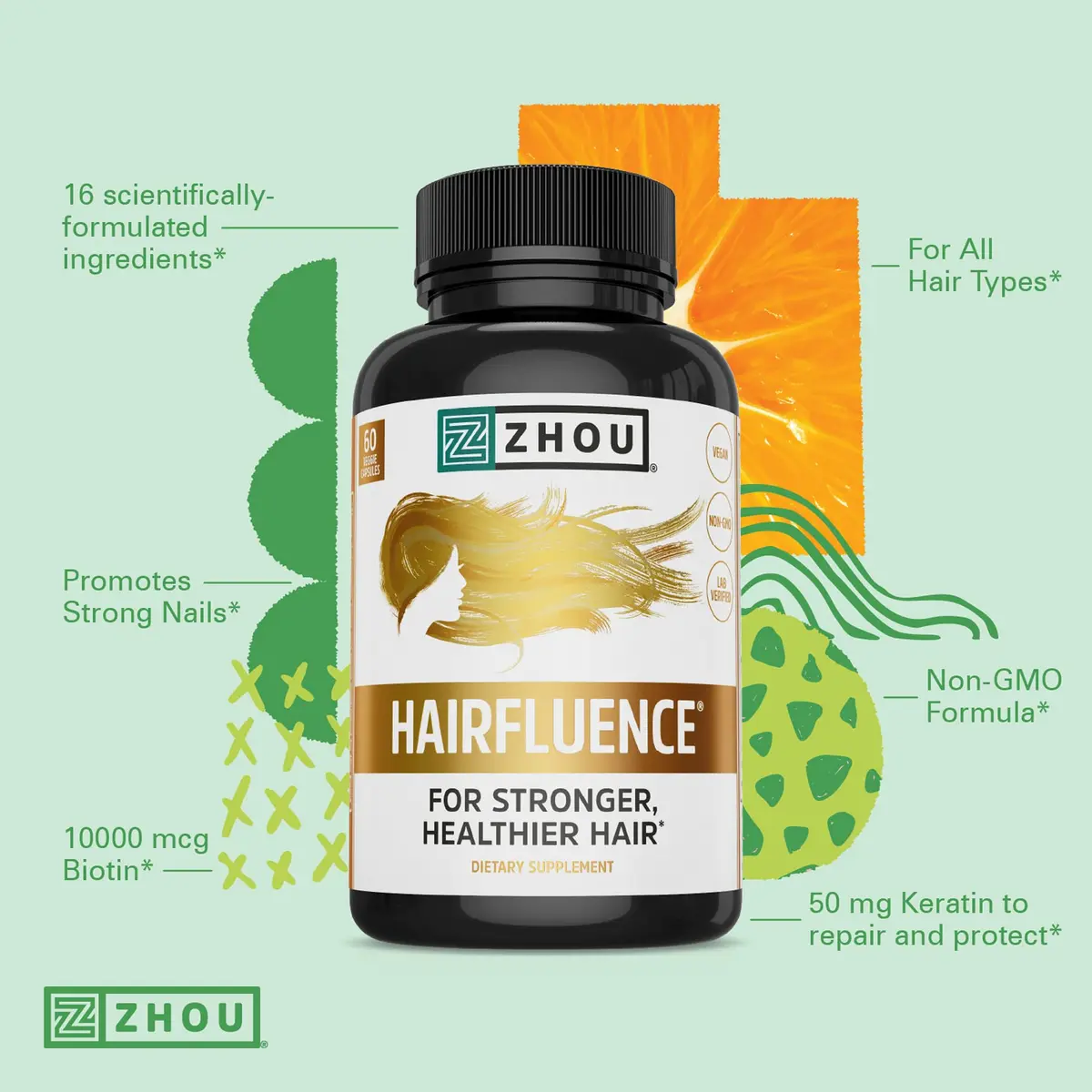ZHOU Hairfluence Supplement - 60 Veggie Capsules | Supports Healthy Hair & Nails - view 3