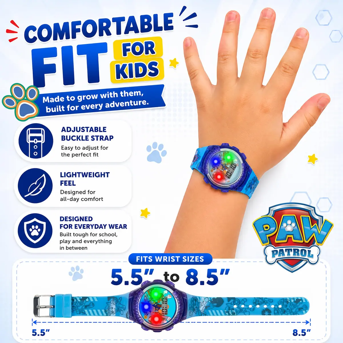 Nickelodeon Paw Patrol Kids Digital LED Watch with Light-Up Display & Blue Silicone Strap | Ages 4+ Fits Wrists 5.5"-8" - view 2