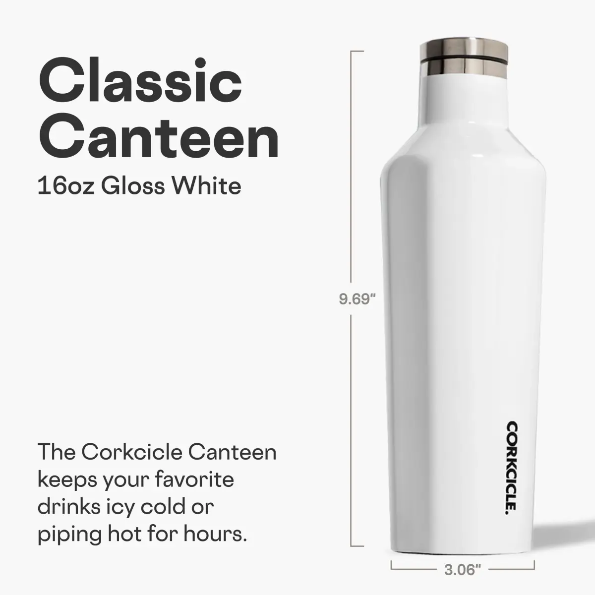 Corkcicle Classic Canteen 16 oz Triple Insulated Bottle, Gloss White | Keeps Drinks Cold 25 Hrs, Hot 12 Hrs - view 2