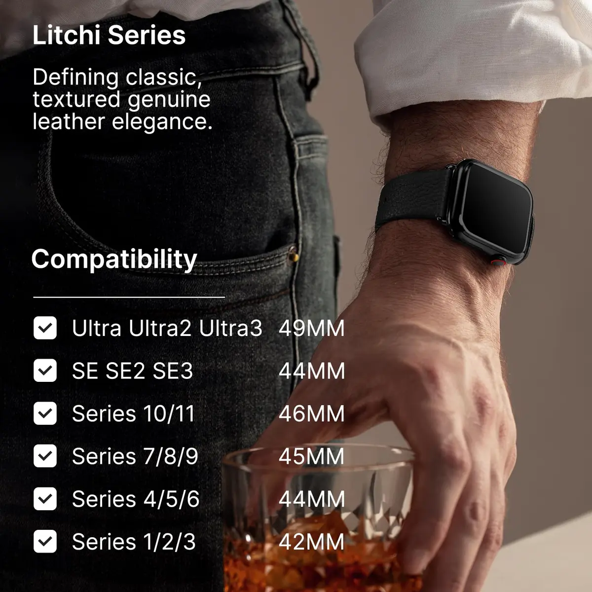Fullmosa Leather Band for Apple Watch 46/45/44/42mm | Elegant, Genuine Cowhide Leather, Unisex - view 3