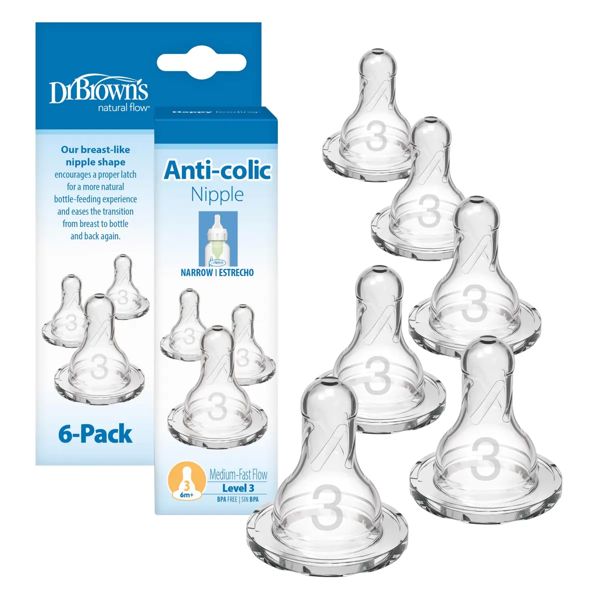 Dr. Brown's Narrow Level 3 Medium-Fast Flow Nipple, 6m+, 6-Pack | Clinically Proven Anti-Colic Nipple - main product image