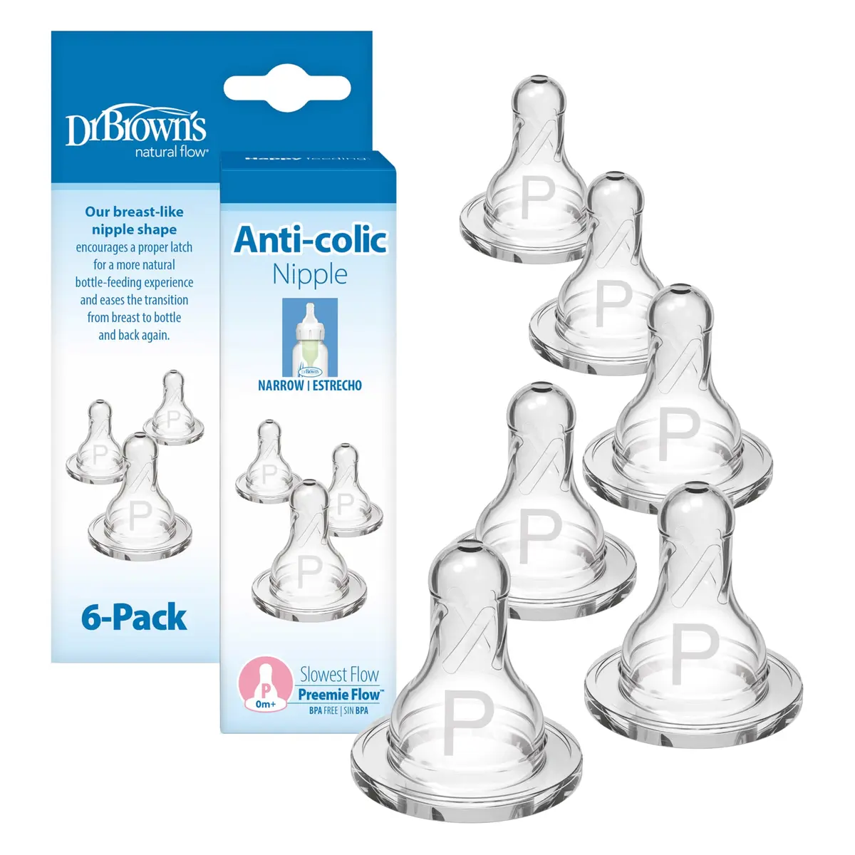 Dr. Brown's Narrow Preemie Flow Nipple, 0m+, 6-Pack | Slowest Flow for Premature Babies & Feeding Difficulties - main product image
