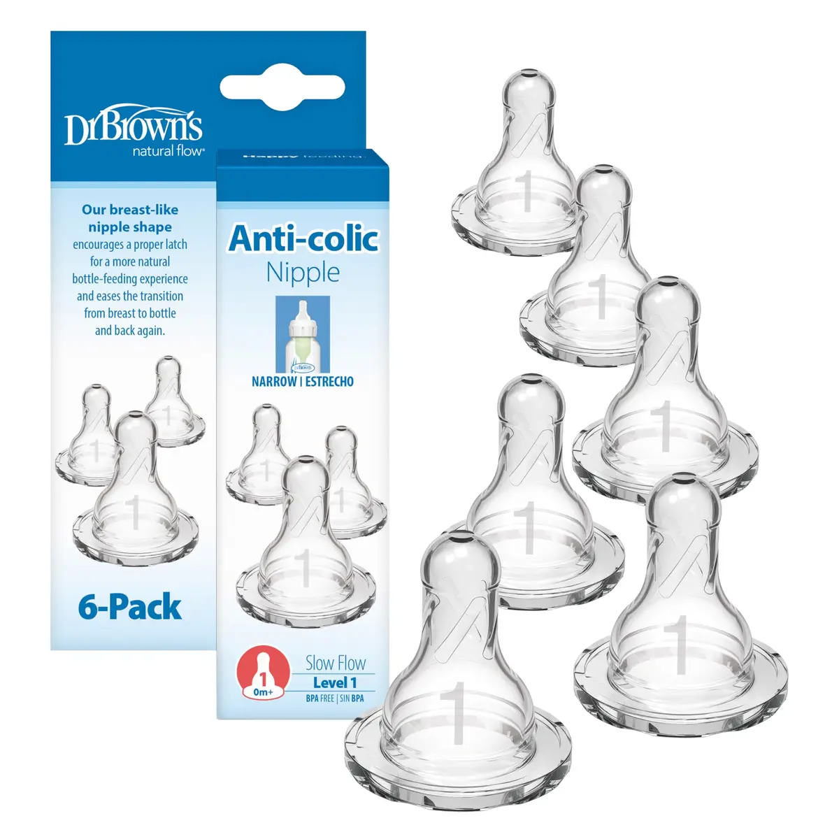 Dr. Brown's Narrow Level 1 Slow Flow Nipple, 0m+, 6-Pack | Clinically Proven Anti-Colic Nipple - main product image