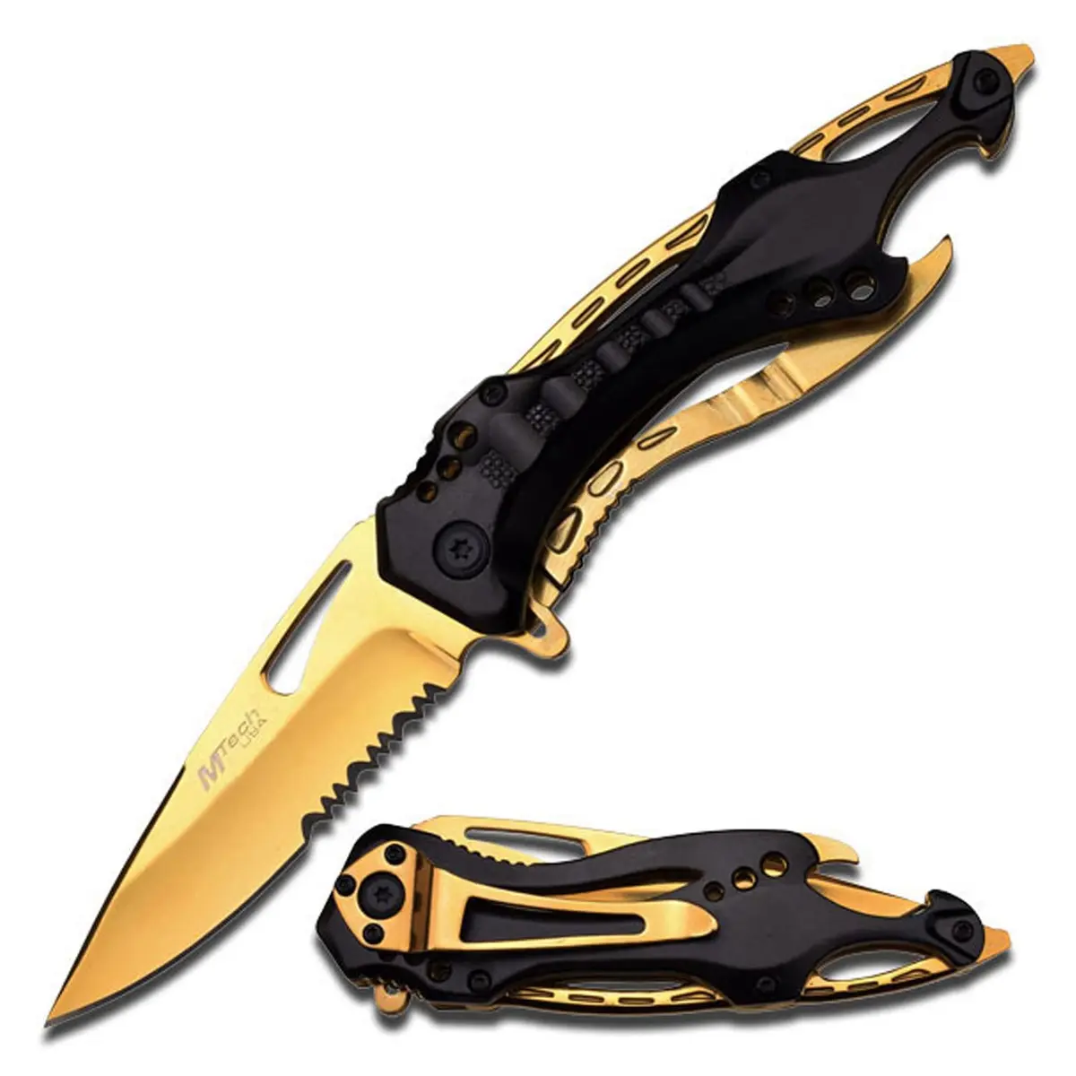 MTECH USA MT-705BG-MC Folding Knife, Gold Half-Serrated Blade, Black Handle, 4.5" Closed - main product image