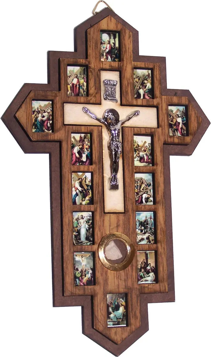 Holy Land Market Three Layers Olive Wood Crucifix - 14 Stations icons of the Cross, Handcrafted Holy Land Wall Cross, 7x5.5 in - main product image