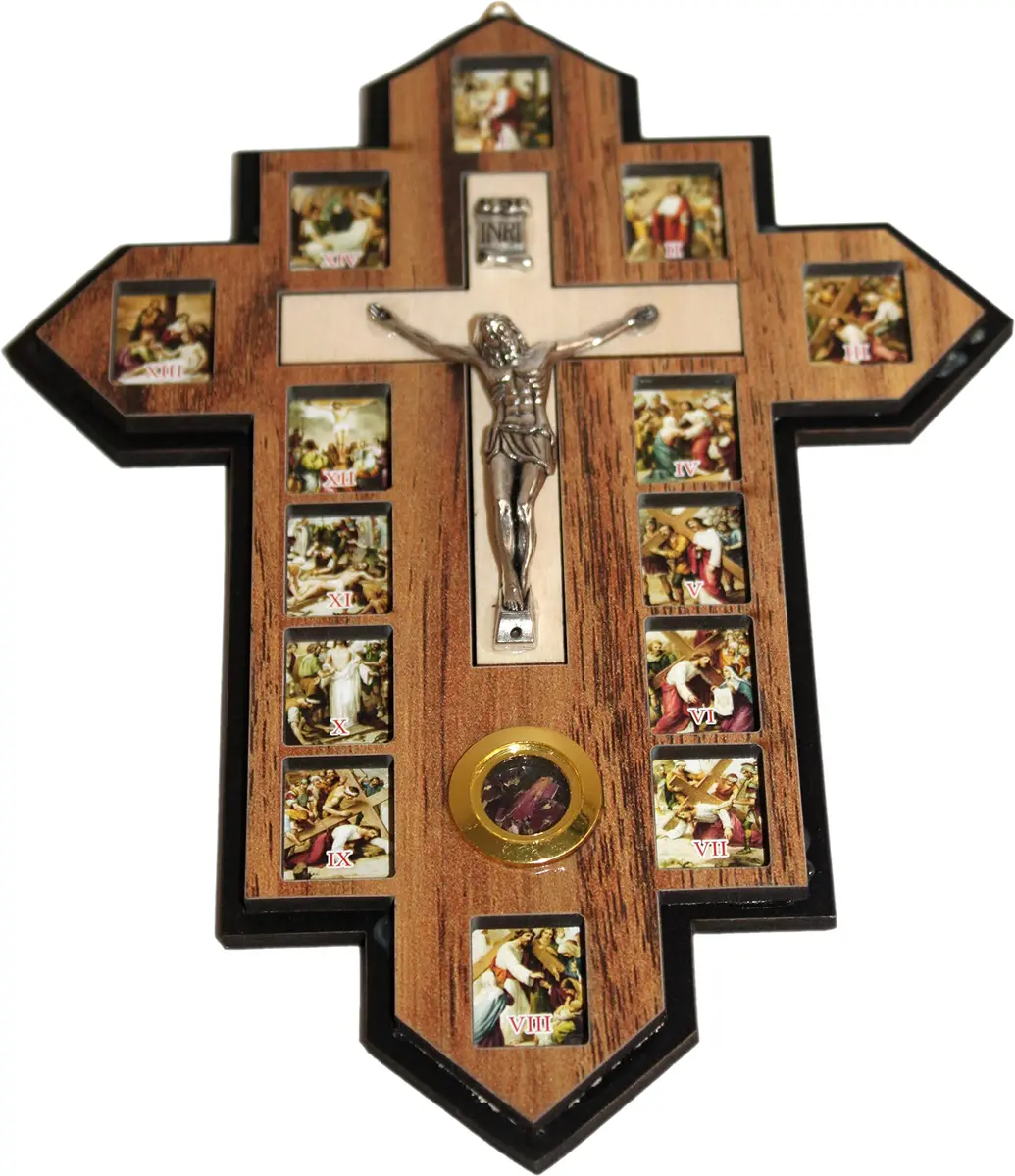Holy Land Market Three Layers Olive Wood Crucifix - 14 Stations icons of the Cross, Handcrafted Holy Land Wall Cross, 7x5.5 in - view 2