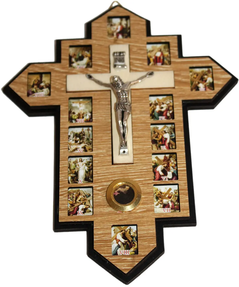 Holy Land Market Three Layers Olive Wood Crucifix - 14 Stations icons of the Cross, Handcrafted Holy Land Wall Cross, 7x5.5 in - view 3