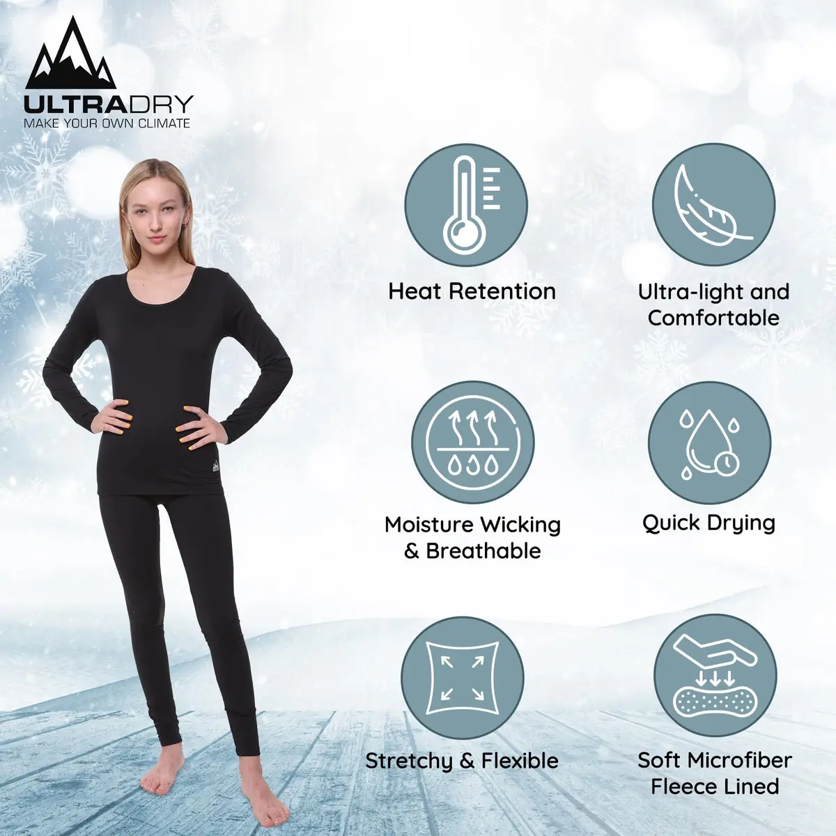 Ultra Dry Women's Thermal Set, Lightweight Fleece Shirt & Tights, Small, Black | Ultra Soft, Flexible, Moisture-Wicking - view 2