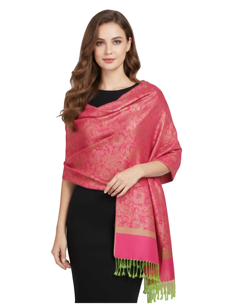 PASKMLNA Paisley Jacquard Pashmina Feel Shawl Wrap Scarf Stole (018-127Hotpink green) | Luxurious, breathable, versatile - main product image