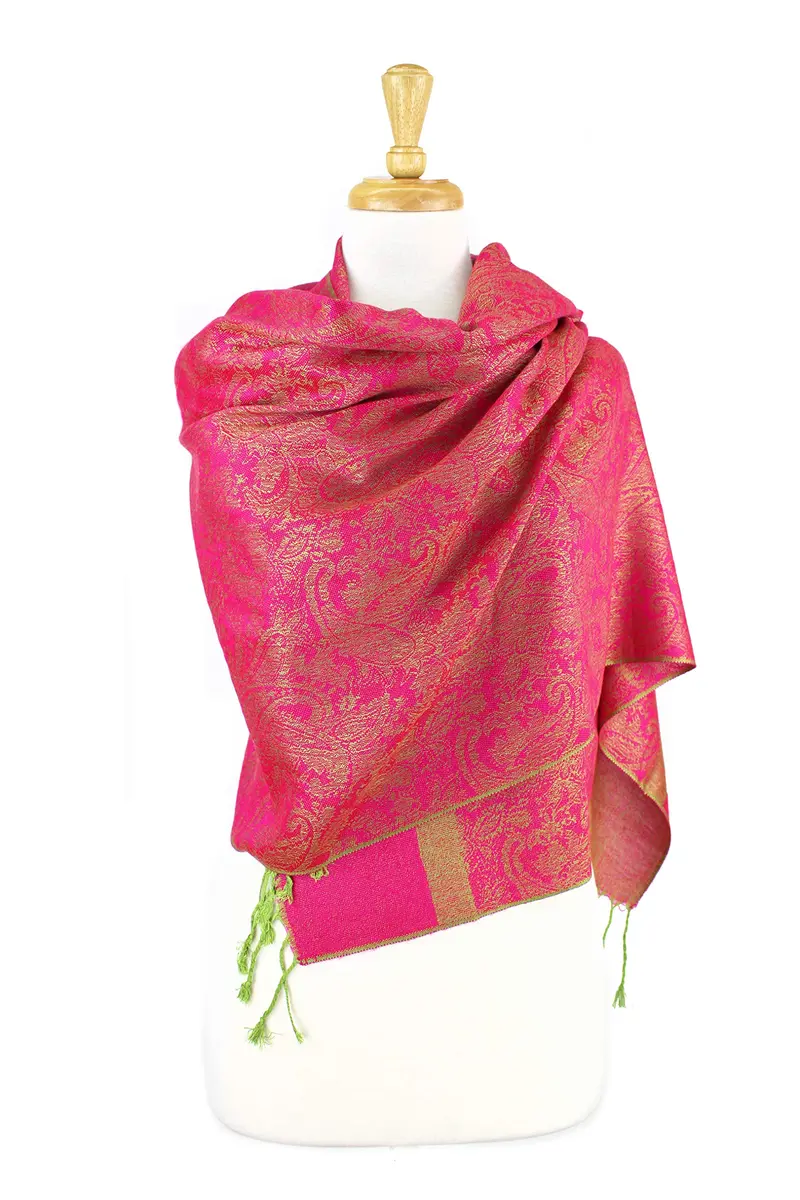 PASKMLNA Paisley Jacquard Pashmina Feel Shawl Wrap Scarf Stole (018-127Hotpink green) | Luxurious, breathable, versatile - view 5
