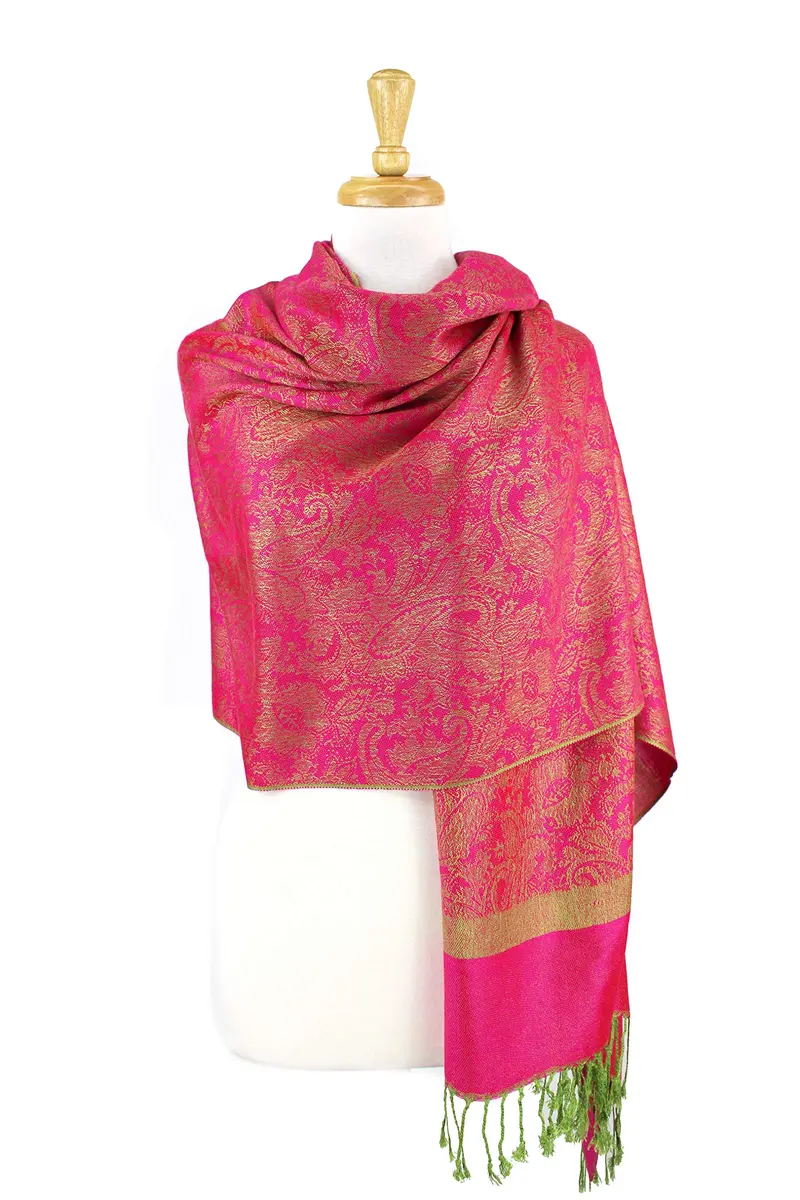 PASKMLNA Paisley Jacquard Pashmina Feel Shawl Wrap Scarf Stole (018-127Hotpink green) | Luxurious, breathable, versatile - view 4