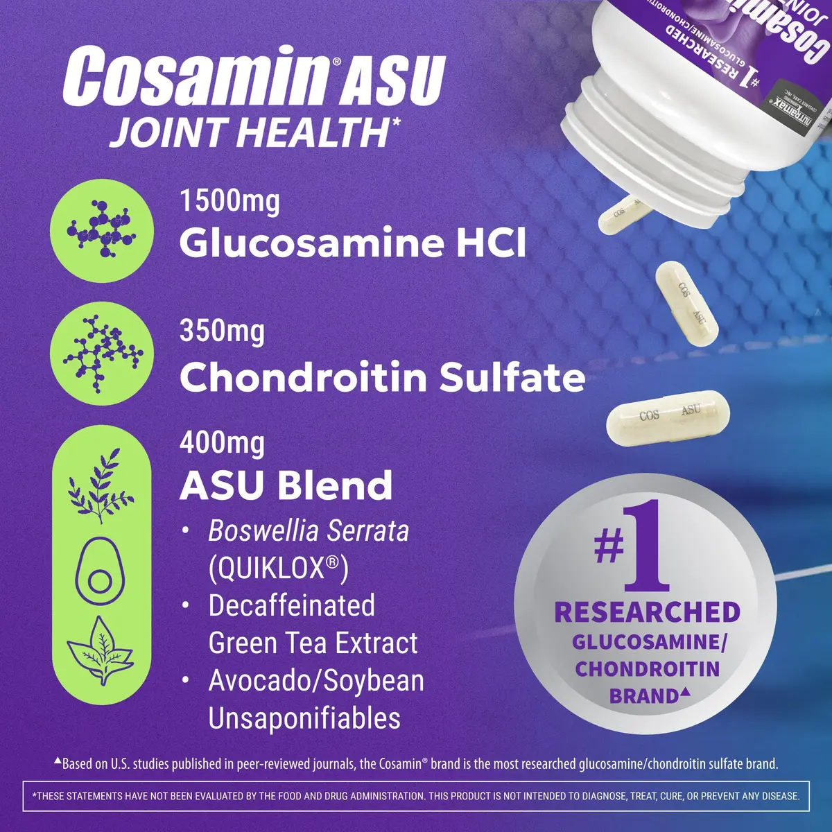 Nutramax Cosamin ASU Joint Health Supplement 150 Capsules | Faster-Acting Formula with Glucosamine, Chondroitin, ASU, and Boswellia Serrata - view 3