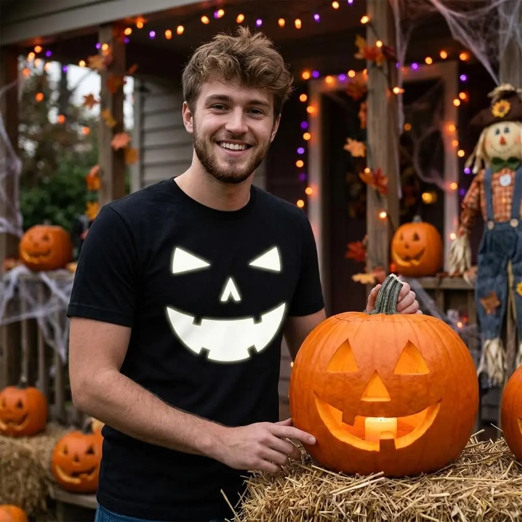 Crazy Dog T-Shirts Halloween Mens Happy Tooth Pumpkin Face Glow in The Dark Tees Black 5XL | Spooky, Funny & Comfortable - view 3