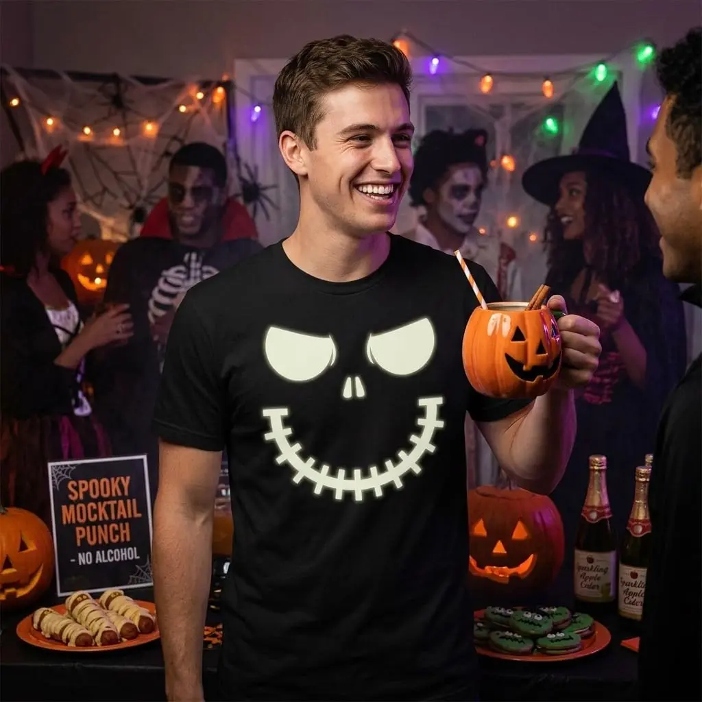 Crazy Dog T-Shirts Halloween Mens Skeleton Zipper Pumpkin Face Glow in The Dark Tees Black 5XL | Spooky Skeleton Glow Tee - view 3