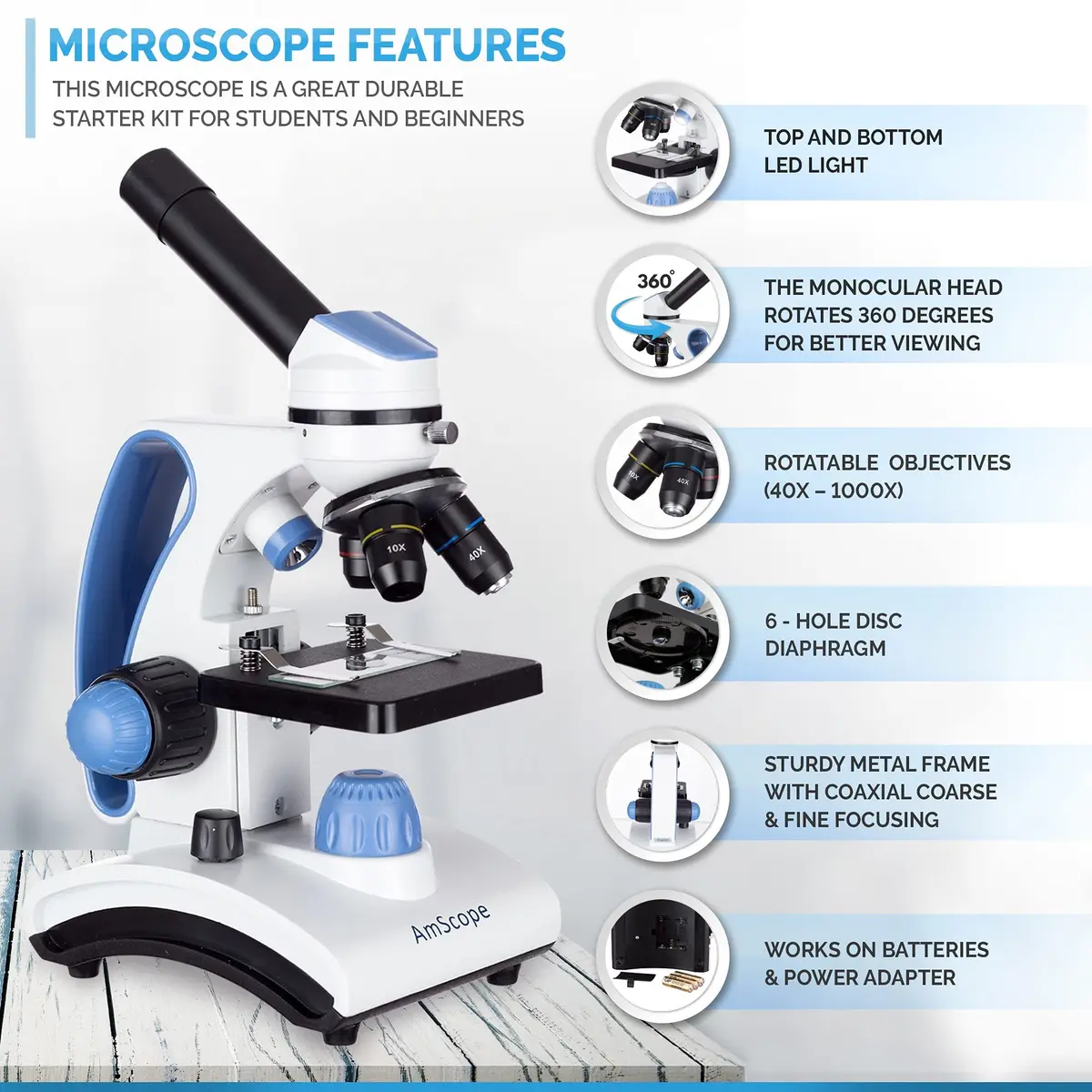 AmScope M162C-2L-PB10-WM 1000X Microscope Kit for Education & Home Use | All-Metal Durable Design - view 3